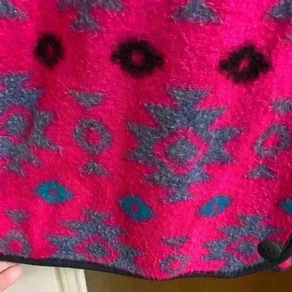 Vtg 80s David Wayne Neon Pink Aztec Southwest Print Cropped Fleece Cardigan Sz L - Picture 7 of 9